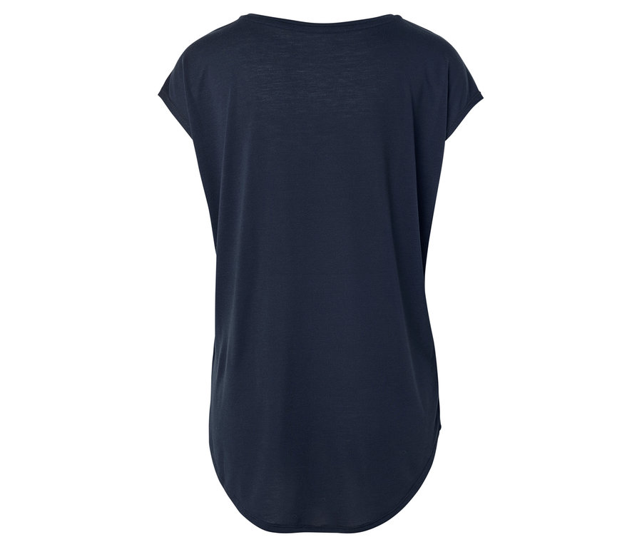 Vue arrière d'un t-shirt bleu marine à manches courtes et à ourlet arrondi.