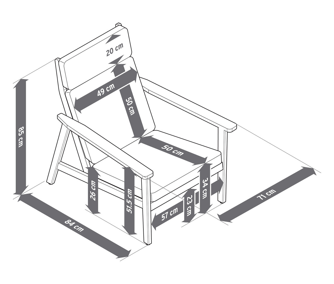 Illustration d'un fauteuil de jardin confortable avec dossier haut et repose-pieds, avec dimensions.