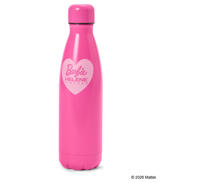 Une bouteille d'eau rose avec un imprimé cœur rose clair portant l'inscription « Barbie HELENE FISCHER ».
