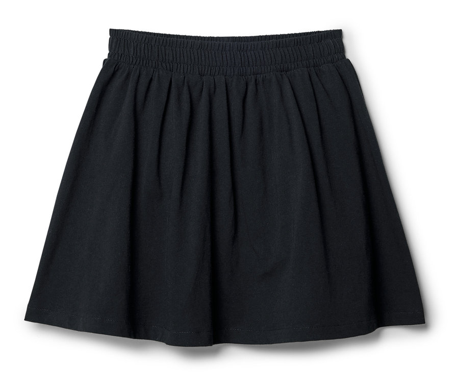 Jupe noire avec taille élastique posée sur fond blanc.