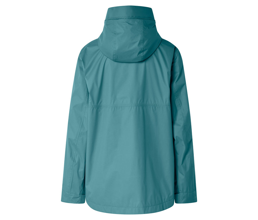 Vue arrière d'un imperméable turquoise à capuche.