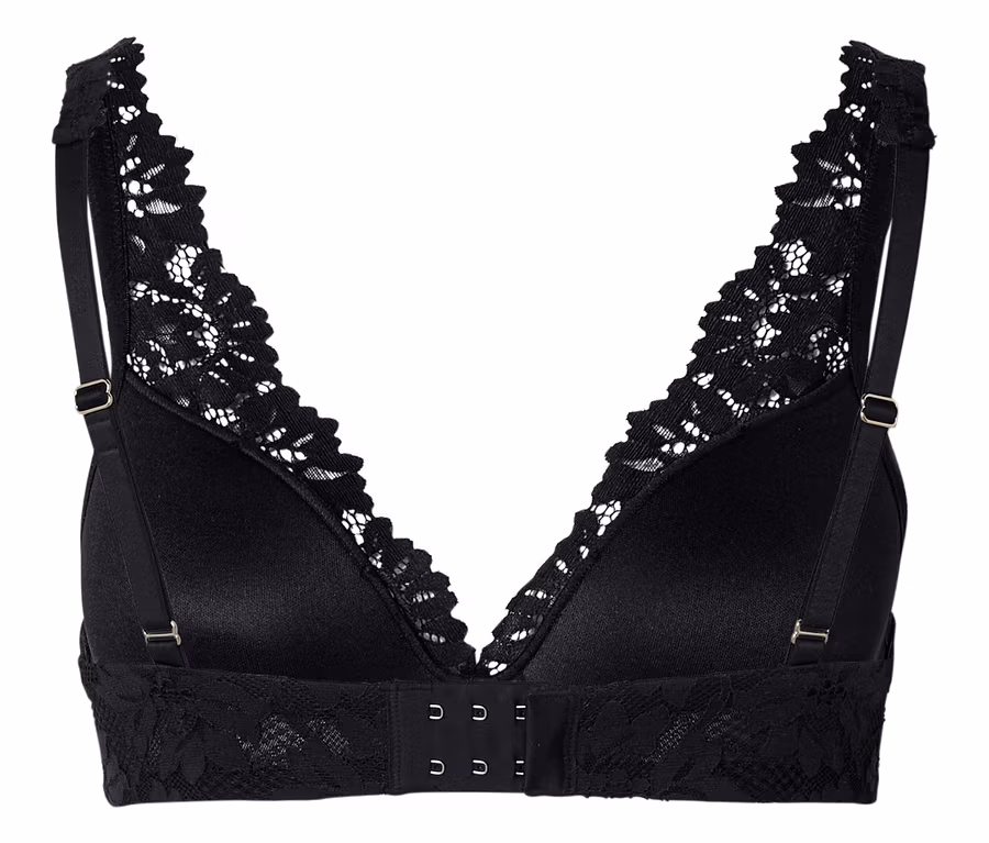 Soutien-gorge noir avec dentelle sur les bretelles et sous la poitrine, fermeture à trois agrafes.