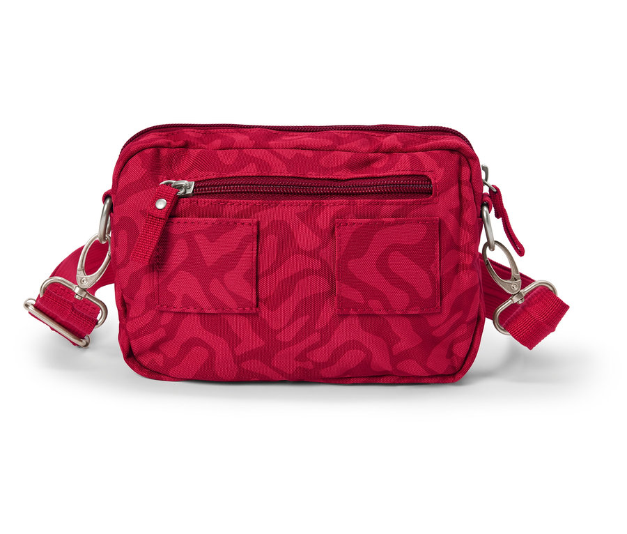 Sac bandoulière rouge à motifs sur fond blanc.