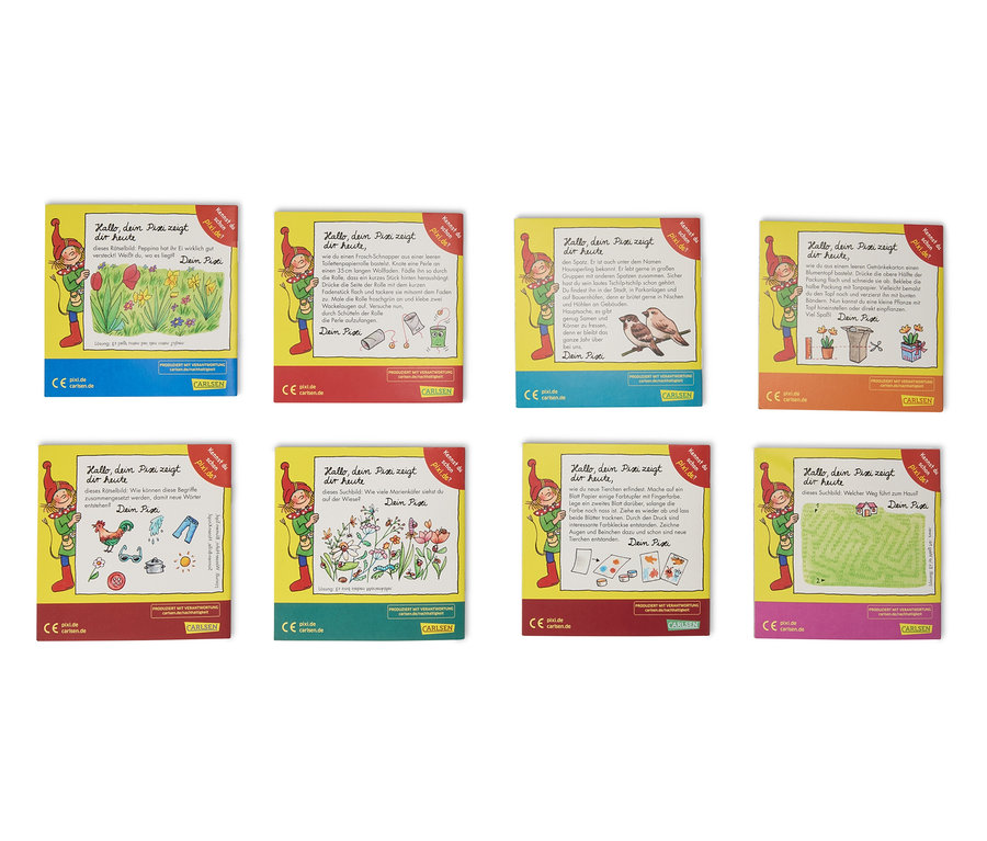Huit couvertures de livres Pixi alignées. Chaque couverture présente des illustrations et du texte avec le titre "Hallo, dein Pixi zeigt dir heute".