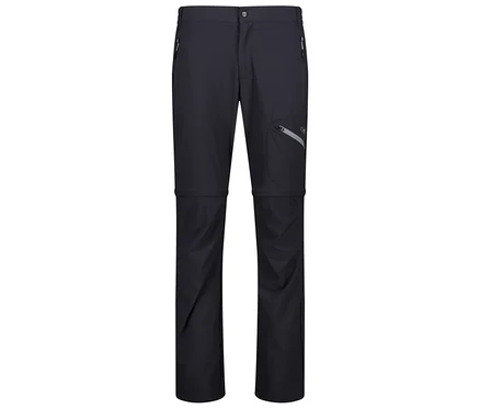 Sur la photo, un pantalon long noir avec des fermetures éclair aux genoux qui permettent de le transformer en short.