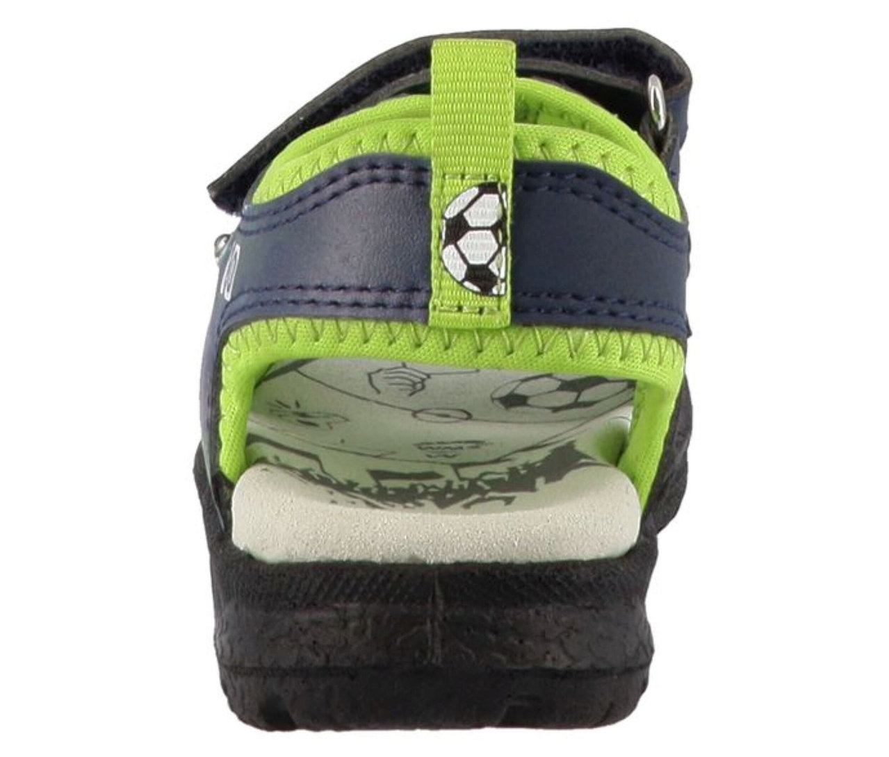 Vue arrière d'une sandale pour garçon « Keeper » de LURCHI, de couleur bleu marine avec des bordures vert citron vif et une semelle noire. Une sangle verte avec un motif de ballon de football est visible à l'arrière.