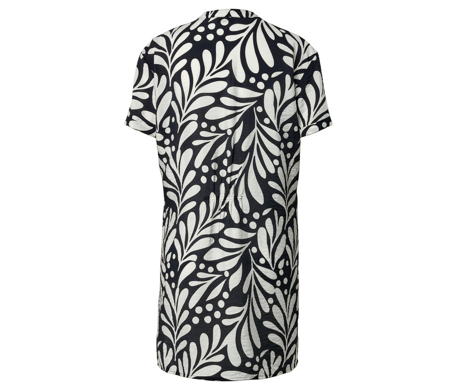 Vue arrière d'une robe à manches courtes avec un fond noir et un motif de feuilles blanches.