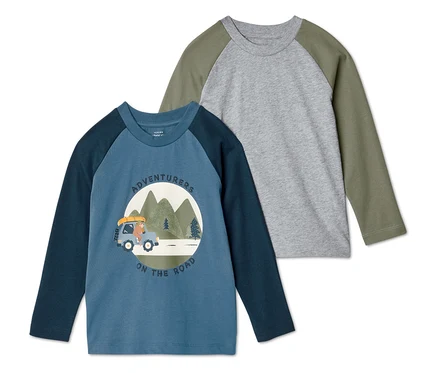 Deux t-shirts à manches longues sont superposés. Le t-shirt avant est bleu avec un motif de voiture, le t-shirt arrière est gris avec des manches vertes.
