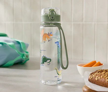 Une bouteille d'eau transparente avec des motifs de dinosaures est posée à côté d'un pain et d'un bol de carottes.