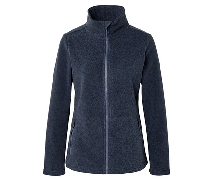 Veste polaire bleu foncé avec col montant, fermeture éclair intégrale et deux poches avant zippées, sur fond blanc.