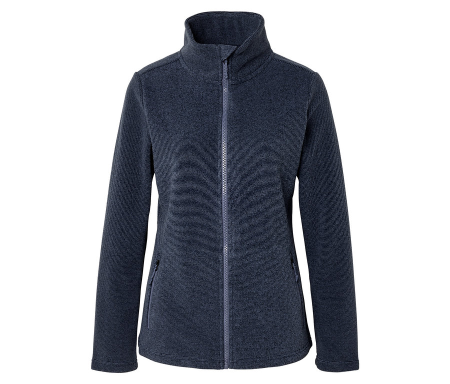 Veste polaire bleu foncé avec col montant, fermeture éclair intégrale et deux poches avant zippées, sur fond blanc.
