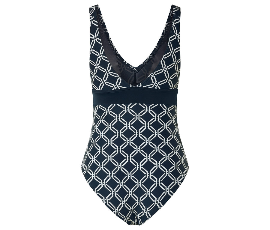 Maillot de bain bleu marine et blanc à motif géométrique.