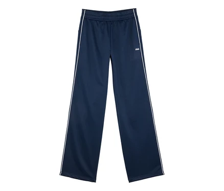 Pantalon de survêtement bleu marine à jambes larges avec des bandes latérales blanches et un logo Fila blanc sur la cuisse droite.