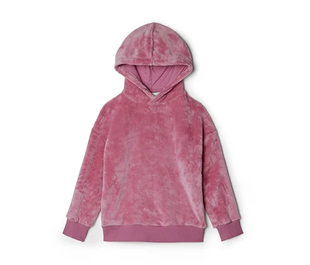 Sweat à capuche rose en peluche avec capuche, manches longues et bords-côtes aux poignets et à l'ourlet, sur fond blanc.