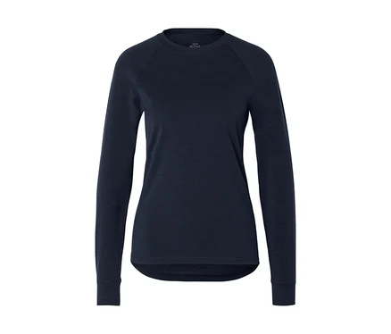 T-shirt à manches longues bleu foncé avec un col rond, des manches raglan et un ourlet incurvé. Une petite étiquette «ACTIVE» est visible à l'intérieur du col.