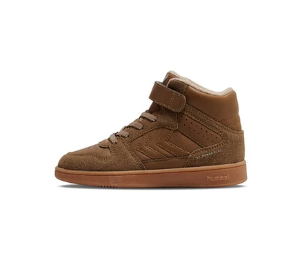 Baskets hummel® « St Power Play Mid Wt Jr » marron, vues de côté, avec lacets et fermeture auto-agrippante.