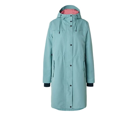 Parka de pluie turquoise avec capuche, doublure rose, boutons noirs et poignets foncés.