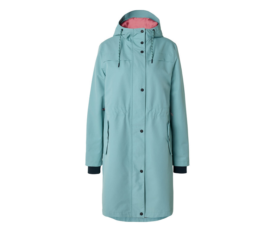 Parka de pluie turquoise avec capuche, doublure rose, boutons noirs et poignets foncés.