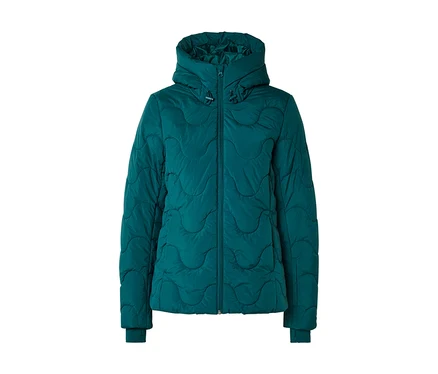 Doudoune matelassée couleur pétrole avec motif ondulé, capuche et fermeture éclair.