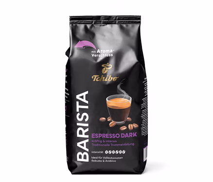 Paquet noir de café Tchibo Barista Espresso Dark avec une image d'une tasse à expresso et des grains de café.