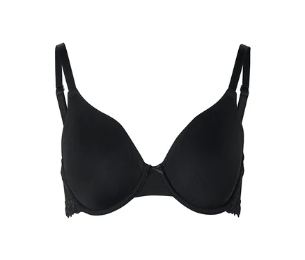 Soutien-gorge noir avec bretelles réglables et bordure en dentelle au bas des bonnets.
