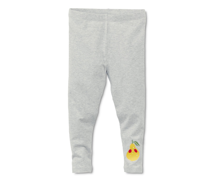 2 leggings gris clair avec une poire de dessin animé sur la jambe.