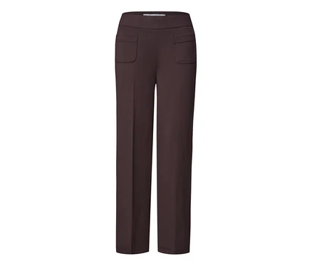 Pantalon en tissu Street One marron foncé, taille haute, avec deux poches plaquées à l'avant.