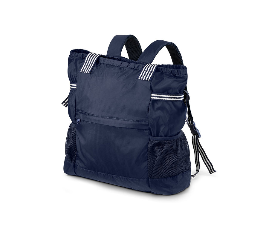 Sac à dos pliable 2 en 1 bleu marine avec rayures blanches.