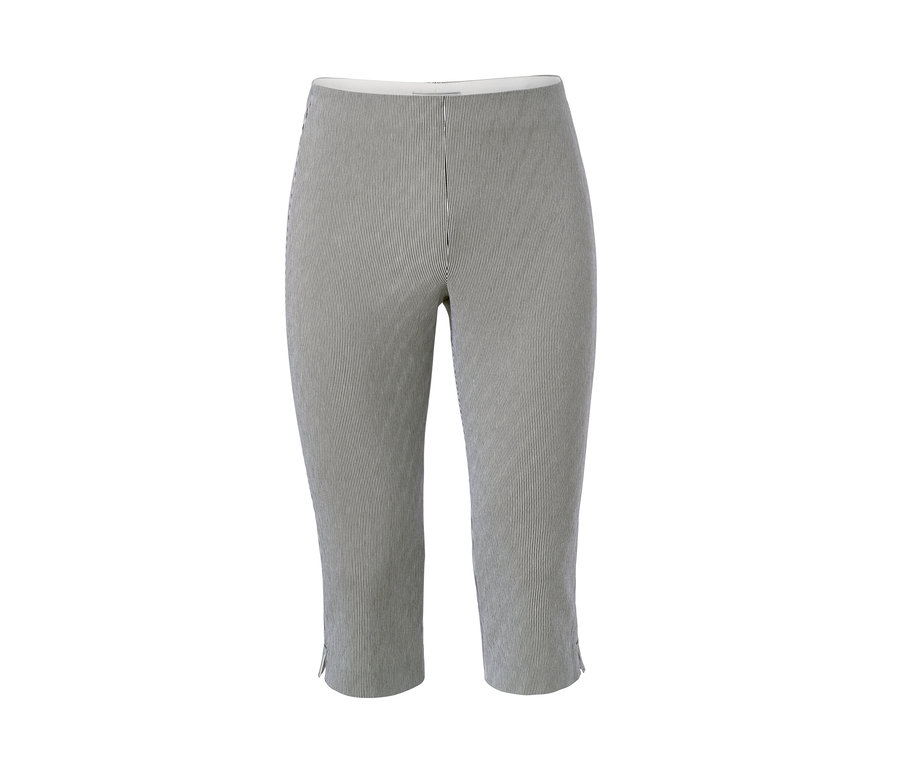 Pantalon stretch 3/4 à rayures noir et blanc.