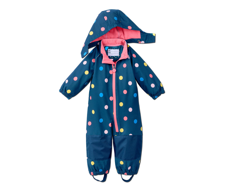 Combinaison en softshell bleue à capuche avec des pois colorés.