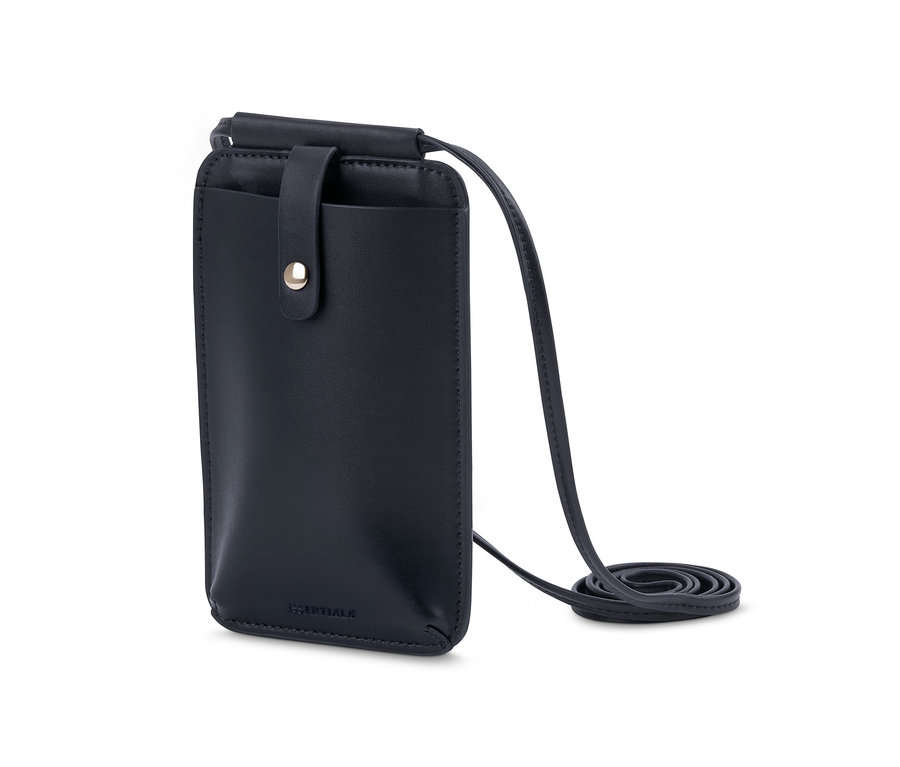 Pochette noire pour téléphone portable avec une bandoulière.