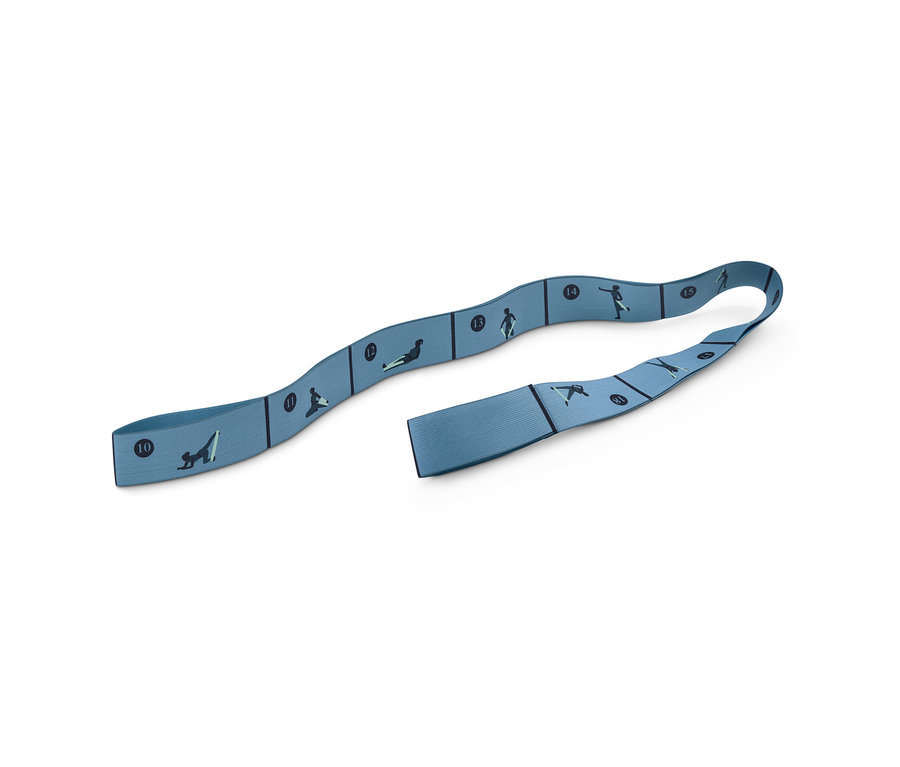 Sangle élastique de fitness bleue avec des illustrations d'exercices.