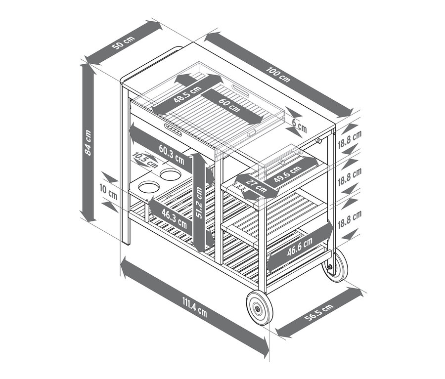 Dimensions du chariot pour barbecue haut de gamme « Elin » avec tiroir et surface de travail en béton.