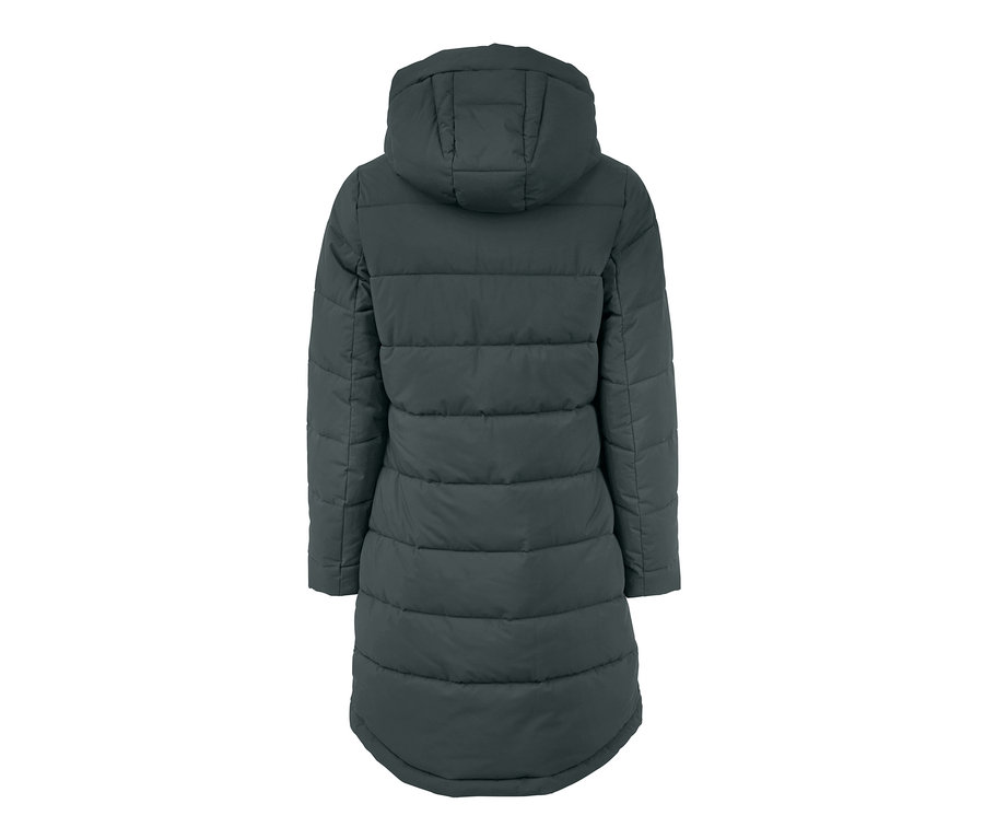 Vue arrière d'un manteau matelassé vert foncé.