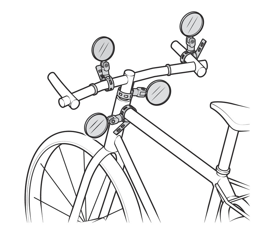 Dessin d'un vélo avec cinq mini-rétroviseurs de vélo sur le guidon.