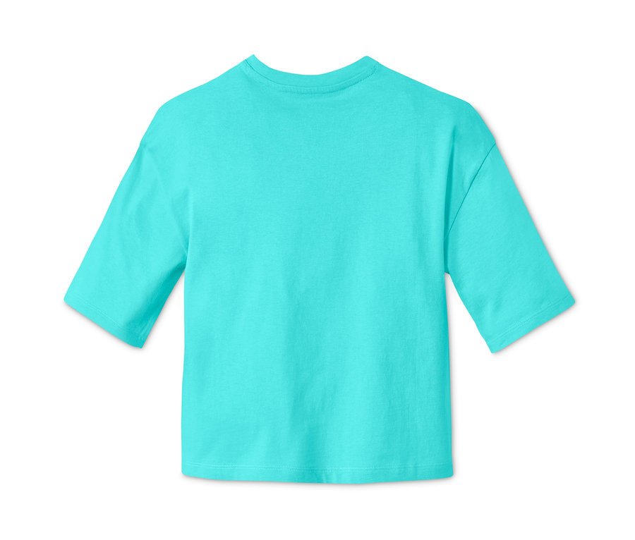 Vue arrière d'un t-shirt turquoise clair en coton bio à manches courtes.