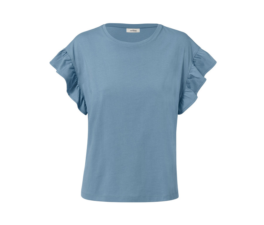 T-shirt bleu acier avec volant sur fond blanc.