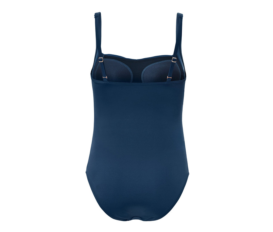 Vue détaillée de l'arrière d'un maillot de bain gainant bleu en matériaux recyclés.