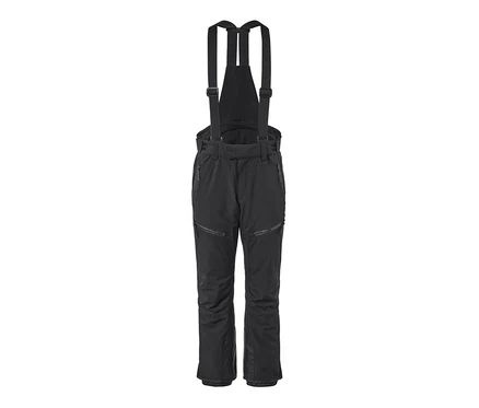 Un pantalon de ski high-tech noir avec une bavette et des fermetures éclair.