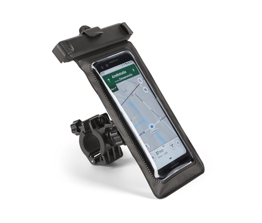 Un support de smartphone noir pour vélo avec un téléphone à l'intérieur, sur un fond blanc.