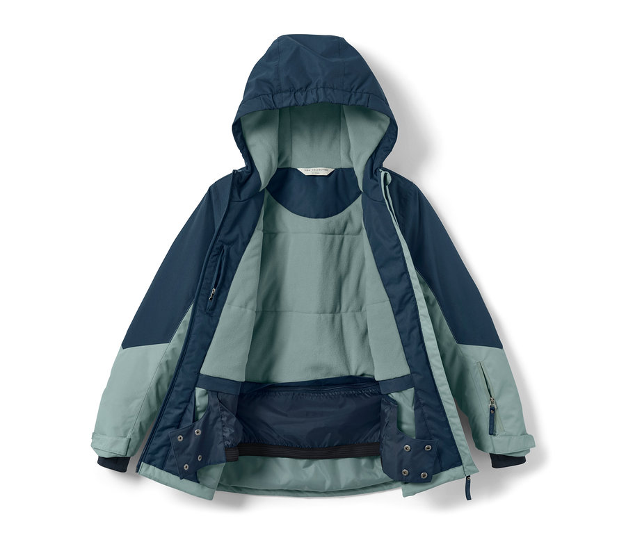 Veste de snowboard et de plein air pour enfant ouverte, bleue et grise avec capuche.