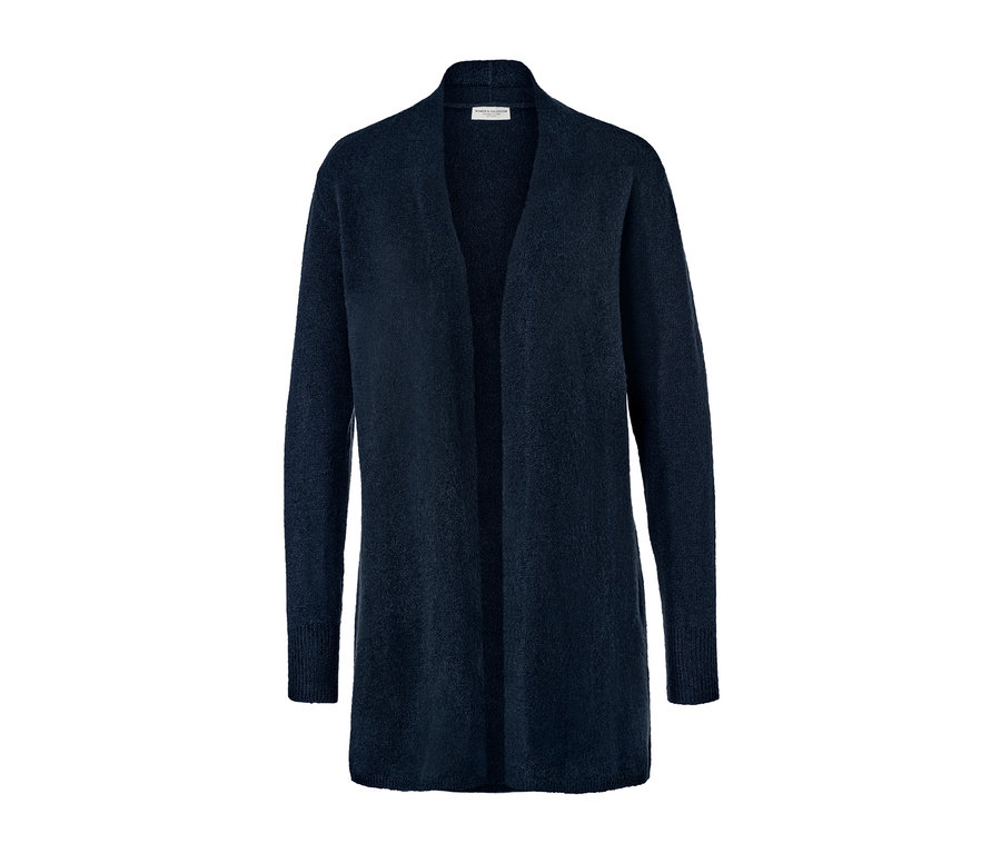 Un cardigan long ouvert bleu marine.