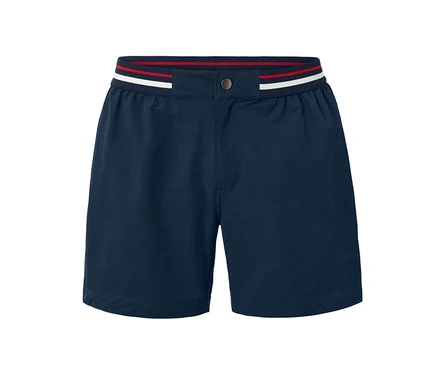 Short de bain bleu marine avec ceinture rayée rouge, blanche et bleue.