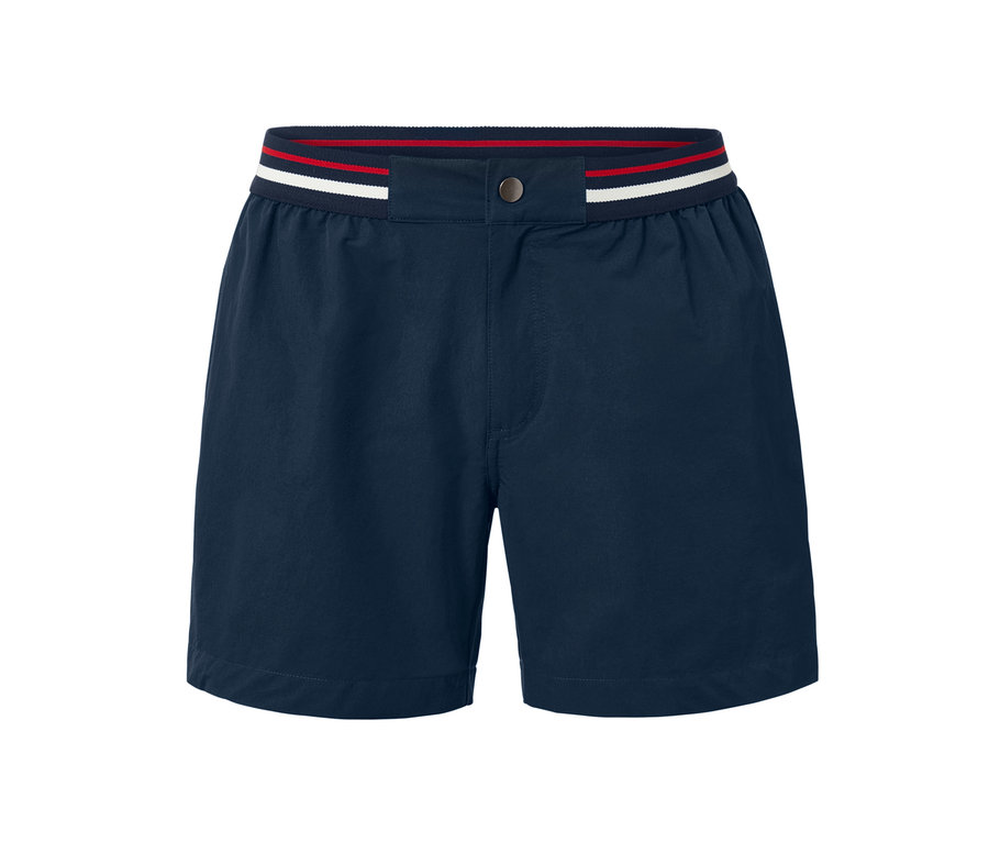 Short de bain bleu marine avec ceinture rayée rouge, blanche et bleue.