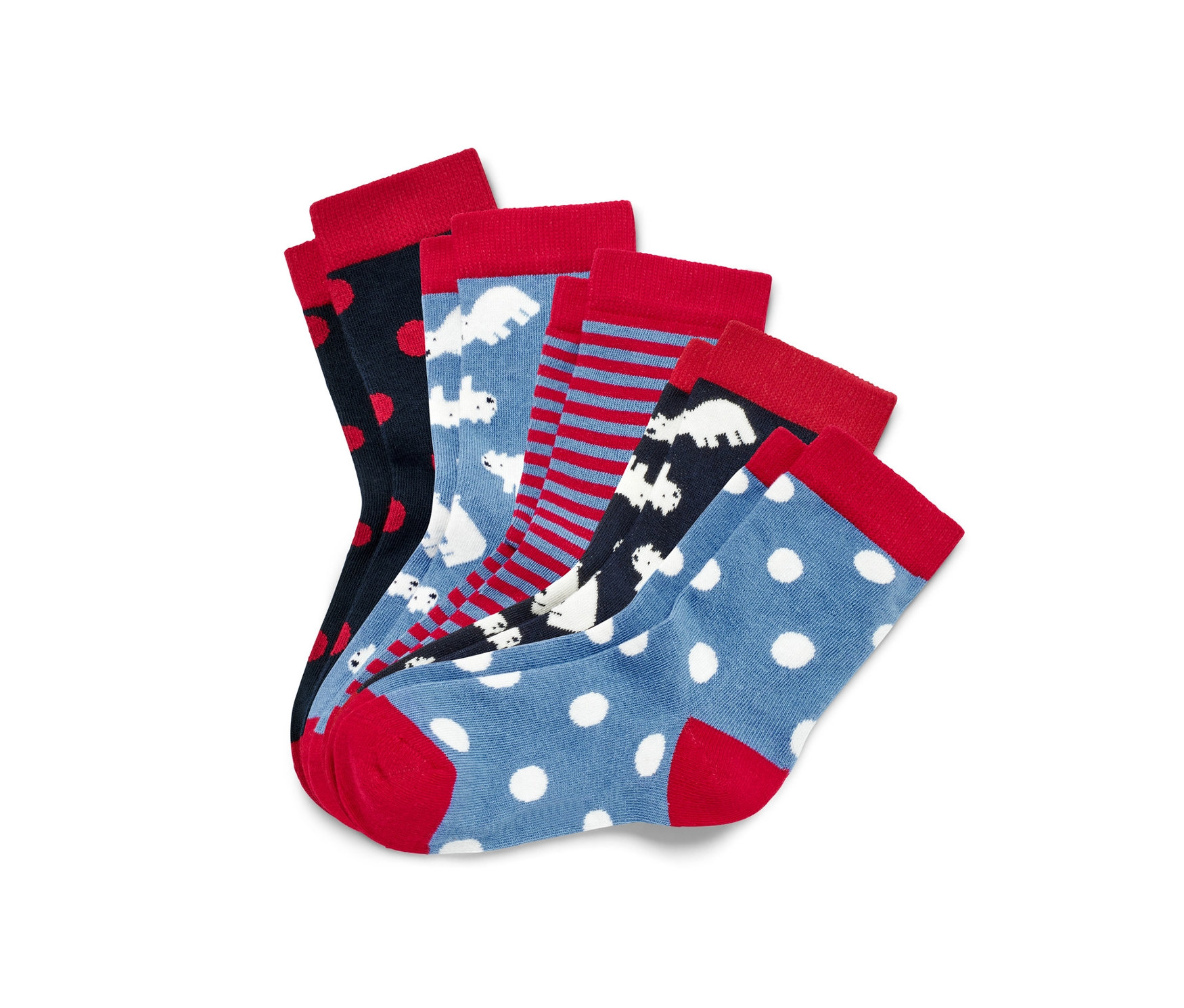 Cinq paires de chaussettes pour enfant avec différents motifs, dont des pois, des rayures et des ours polaires.