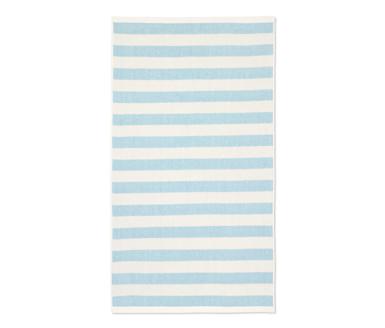 Serviette de bain bleu clair et blanche à rayures.