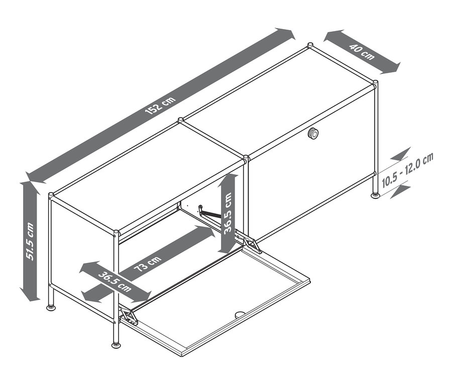 Meuble bas en métal « CN3 » à 2 abattants, dont un ouvert, avec indications de dimensions.