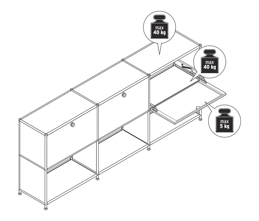 Schéma d'un buffet en métal « CN3 » à 3 abattants amovibles. La capacité de charge maximale des étagères supérieure et centrale est de 40 kg, celle de l'étagère inférieure est de 5 kg.