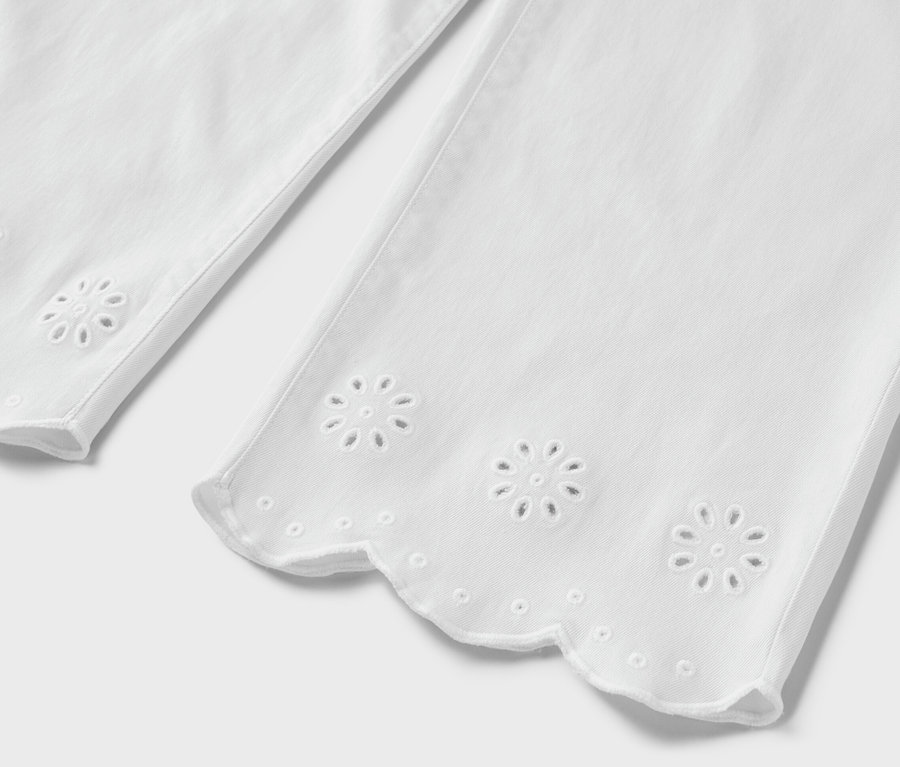 Gros plan sur un jean blanc avec broderie ajourée à l'ourlet.