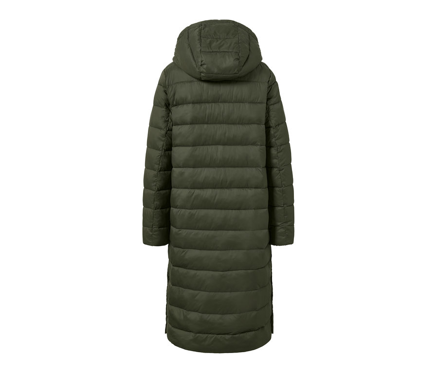 Manteau matelassé avec capuche, vert olive, présenté de dos.